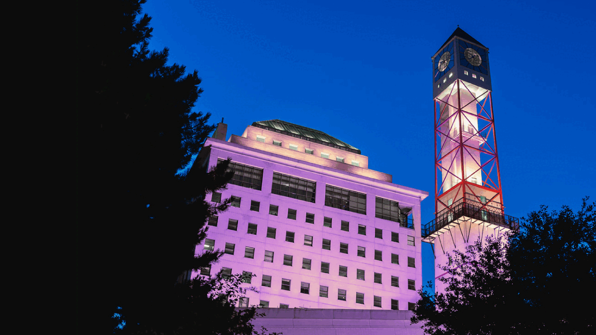 The Civic Centre clock tower lit up purple, gold, and white.